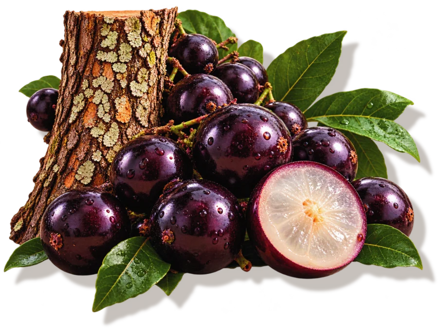 Jabuticabas moradas pegadas al tronco, una abierta